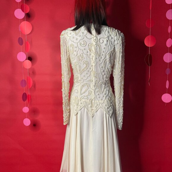 Vintage 1980s Pearl Beaded Cream Dress - Retro Bridal, Cocktail, or Evening Glam - Picture 4 of 12